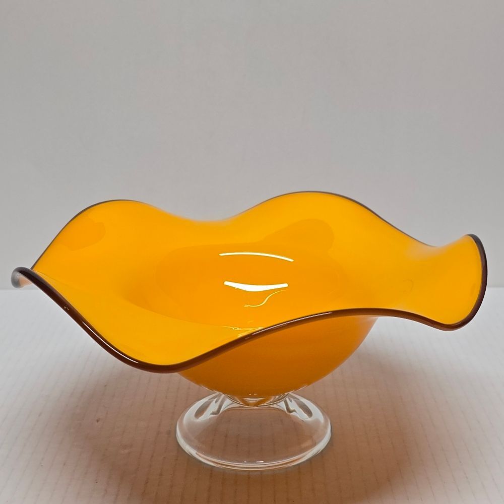 Vintage Teleflora Orange Handblown Art Glass  Ruffle Wave Footed Fruit Bowl